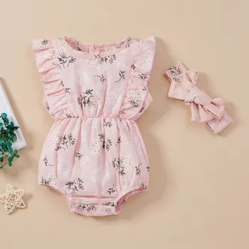 2 бр., скъпа стилни дрехи за малките момичета, летен творчески гащеризон с флорални принтом и растително принтом, прическа с лък