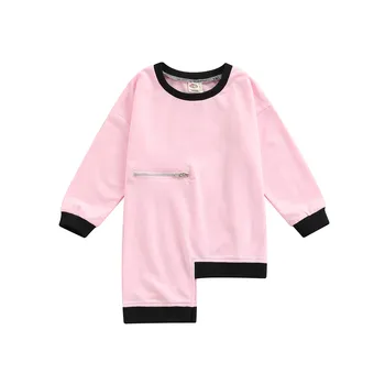 2021 Модерни детски дрехи за момиченца от 1 до 6 години, Розова Рокля с кръгло деколте и без външни джобове с цип, Нередовна Рокли, Пролетно-Есенна Топ