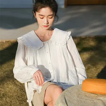 2021, пролет-есен, женски, Свободни Бели Ризи с дълъг ръкав, годни за консумация от Дървесни Гъбички, памучен блуза с яка на Питър Пэна, Върхове V701