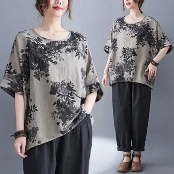 2023 Елегантни дамски блузи от памук и лен, женствени ризи, ежедневни дамски блузи с къс ръкав, туники, с кръгло деколте Q226