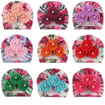 9 Цветове Шарени шапки с принтом 17*18 cm, Модни шапки с перлата на цветя, ръчно изработени бебешки шапки от полиестер и памук, аксесоари за бебета