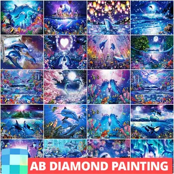 AB Drills Нова диамантена снимка, комплекти за мозайка с делфини, бродерия на кръстат бод, диамантена бродерия, домашни любимци, морски перли, живопис, хоби ръчно изработени
