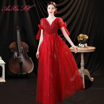 AnXin SH princess блестящо червено дантелено вечер винтажное рокля с кръгло деколте, расшитое мъниста и хрустальным лък, къс ръкав трапецовидна форма, вечерна рокля 17927