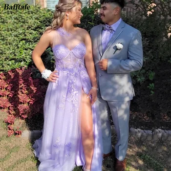 Bafftafe Светло лилаво дантелени рокли за абитуриентски бал с аппликацией на едно рамо, на специална рокля за сватбени партита, дамски дълги вечерни рокли с цепка отстрани