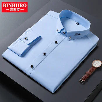 BINHIRO/ Ново Записване, мъжка риза, официални делови ризи за комуникация, приталенные ризи класически однотонного цвят с бродерия, ризи с седмото ръкав