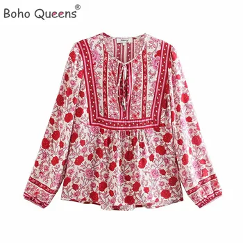 Boho Queens Happie Мода 2021, Дамски Блуза с флорални принтом и V-образно деколте и дантела, дамски ризи с дълъг ръкав от вискоза, богемные блузы