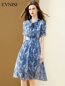EVNISI Лятото ежедневното шифоновое женствена рокля с принтом, тънки дома, офис дамски официални рокли midi син цвят с лък и цветен модел