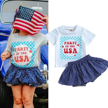 FOCUSNORM/ Комплекти детско облекло за Момичета на Ден на Независимостта-от 0 до 4 години, Тениска с къс ръкав и писмото принтом, Ластични Шорти със Звездите, Комплект Прагове