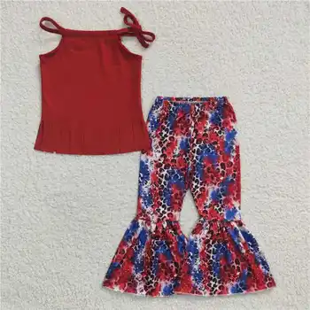 gspo0299, лятна новост, газова дрехи за момичета, червен пискюл на шията, цветни панталони с леопардовым принтом, бутик, комплект за цена на едро