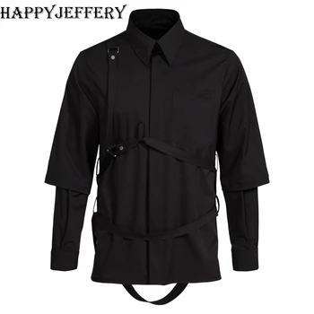 Happyjeffery Мъжки тъмно хладно фалшива риза-двойка, мъжки ризи с дълъг ръкав, градинска дрехи, мъжки дизайнерски плат LS30