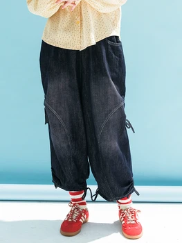 IMAKOKONI Оригинален дизайн, дънки дантела с лък, джобни ежедневните свободни панталони с девет точки, панталон с еластична талия, женски 234025