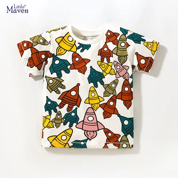Little maven/шорти за малки момчета, лятна детски дрехи с анимационни принтом ракета и космоса, памучен детски дрехи за момчета тениска