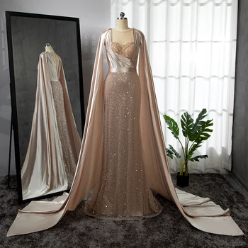 Serene Hill Луксозни рокли с мъниста за жени, парти 2023, русалка, цвят шампанско, елегантни вечерни рокли с ръкави-накидками BLA71675