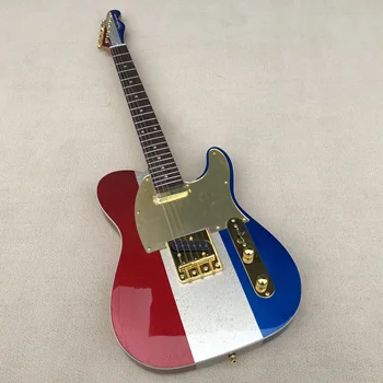 TL разъемная електрическа китара, червен, сребрист цвят и син корпус, с един патрон, бяла защитна плоча, на специална табела за натягивания на струните TL, струна