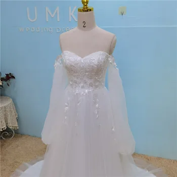 UMK Просто сватбена рокля с аппликацией във формата на сърце, дантелено сватбена рокля с ръкав-фенерче от тюл в стил бохо