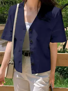 VONDA Елегантен женски модерен тънък летен блейзър 2023, секси блузи с къс ръкав и V-образно деколте, ежедневни обикновен слой, широки ризи