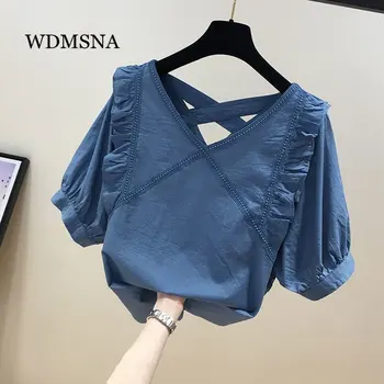 WDMSNA, Дантелени Блузы с V-образно деколте, Топ за Жени, 2023, Нова Мода Шифоновая Риза за Жени, Однотонная Лятна Блуза за Жени