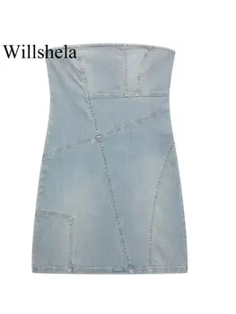 Willshela, дамски модни дънкови сини върхове с цип отзад, реколта блузи без презрамки с деколте лодка, шик женски корсетный топ