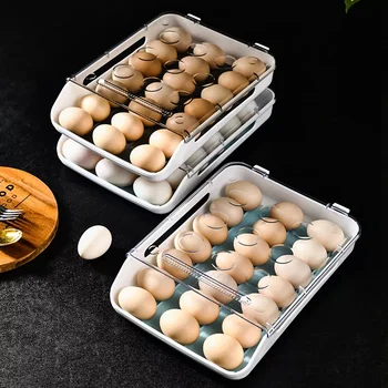 Автоматична Кутия за яйца, Кухненски принадлежности, Органайзер За съхранение Хладилник, Домакински Прозрачна Плъзгаща Тава, Икономия на пространство