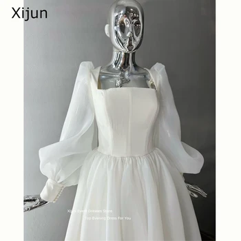 Бяло просто вечерна рокля Xijun, къса рокля за абитуриентски бал от органза с пищни ръкави, Рокли за Абитуриентски бал, Празнична рокля Фея Принцеса 2023, Завръщане у дома