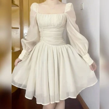 Бяло шифоновое рокля трапецовидна форма във френски стил, пролетно-лятното модно рокля 2023, елегантна рокля с дълъг ръкав и тромаво яка за жени