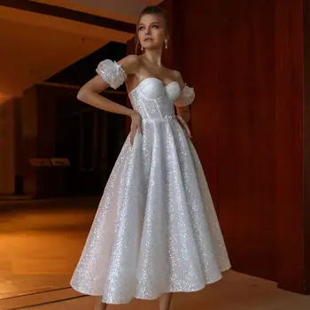 Винтажное просто сватбена рокля трапецовидна форма, елегантна сватбена рокля с красиви пайети, сватбена рокля с подвижна ръкав чаена дължина, халат De Soriee