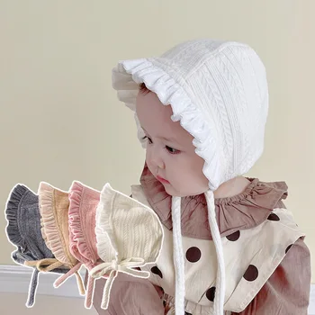 Дантелени шапки за бебета, пролетна шапка за момичета, однотонная памучен топла шапка за защита на ушите новородени