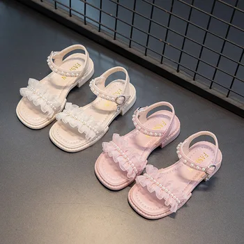 Детски сандали за момичета, лятна обувки принцеса с хубав вятър, лейси обувки с перли, детска плажна обувки