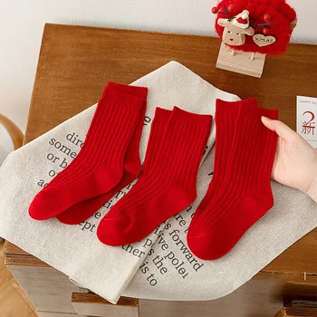 Детски чорапи; есенно-зимните празници червени чорапи с двойна игла за момчета И момичета; Детски дрехи за малки момичета; 5
