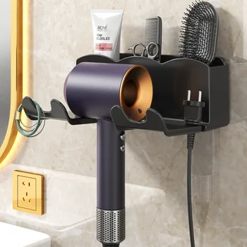 Държач за съхранение на Държач за сешоар За коса, с монтиран на стената рафтове, полици за баня Притежателя на телефона, Аксесоари, Рафтове за монтиране на Стена за съхранение на четки за коса