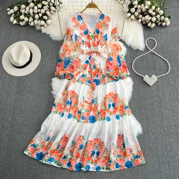 Елегантна шифоновое рокля с флорални принтом в ретро стил, трапециевидное рокля с ръкав-фенерче, ежедневна рокля с висока талия от дантела, женски лятото