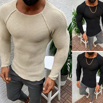 Есенно-зимния моден тренд 2023, мъжки нова приталенная однотонная трикотажная риза с дълъг ръкав и кръгло деколте, мъжки пуловер с подплата