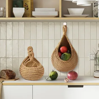 Ефектни плетени кошница за зеленчуци, Кухня, свързана ръчно плетене на една кука, Стенни кошници за съхранение на плодове и зеленчуци, цветя