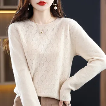 Жена вълнен пуловер от 100% чиста вълна, модерен пуловер с кръгло деколте, есен-зима, ден за ден вязаный монофонични топ с дълъг ръкав