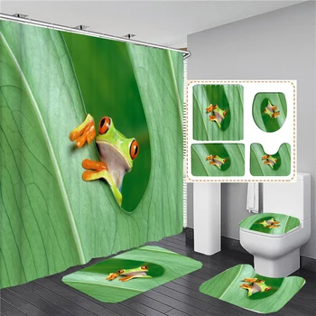 Завеса за душ със забавна зелена жаба, Пердета за баня с интересни животни, Подложка за тоалетна, Параван за баня, Аксесоари за баня