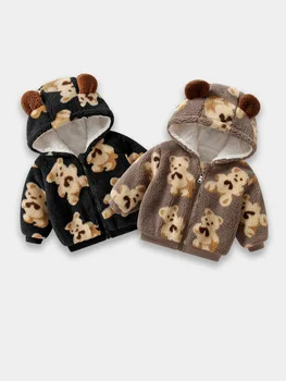 Зимата утепленное палто с сладък мечок за момчета и момичета, екипировки за братя и сестри, топъл вълнен пуловер за момичета, детски връхни облекла, детски гащеризон