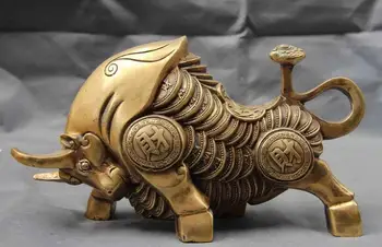 Китайската медно-бронзова монета на фън шуй за късмет, статуята на едър рогат добитък, бик, див бик