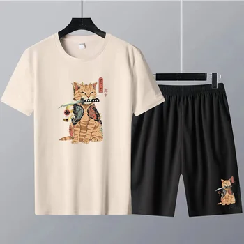 Комплекти тениски с японски котки, Смешни мъжки памучни панталони в стил аниме Харадзюку, мъжки ежедневни спортни костюми, свободни тениски, градинска облекло Оверсайз