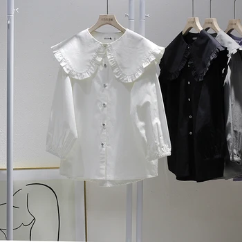 Корейската мода, Луксозни Свободни обикновена Ризи, Дамски однобортные блузи с дълги ръкави, през пролетта сладък яка 