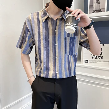 Корейската модерна риза с къс ръкав, мъжки шарени ежедневни ризи от 100% памук с ревери, почивки, Социална градинска дрехи, мъжки дрехи 2023