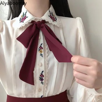 Корейската стилни пролет-есен дамски красива блуза с отложным яка и бродерия на цветя, шифоновые блузи, реколта елегантна дамска риза с лък