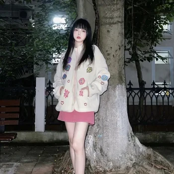 Корейски американската ретро яке за хай стрийт, плюшен яке с анимационни бродерия, дебели топла жилетка с кръгло деколте, пуловер оверсайз