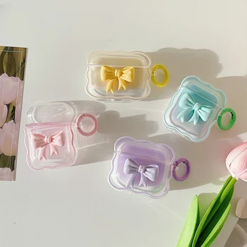 Корейски Сладък 3D Лък Ярки цветове, Градиентный Прозрачен Калъф за слушалки Airpods 1 2 Pro, Защитен Мек Калъф с Вълнообразен Кант за Airpods 3