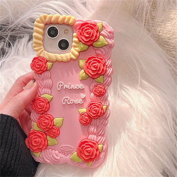 Корейски сладък силиконов крем калъф за мобилен телефон с 3D роза за iPhone 14 13 12 11 Pro Max, прекрасен защитен мек калъф за обектив, Калъф за телефон