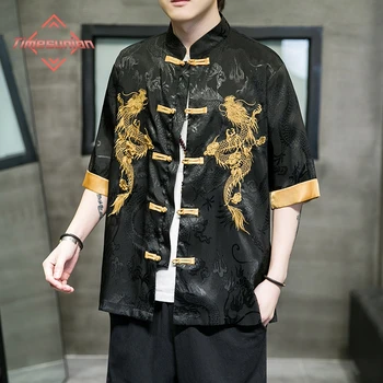 Летни ризи от ледената коприна в китайски стил за мъже, костюм Тан, ризи с бродерия дракон, мъжки ризи с къси ръкави Hanfu с диск катарама