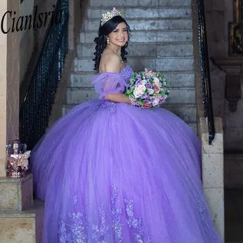 Лилавата буйни рокли принцеса 2023, бални рокли без ръкави, празнична рокля 15 Anos Sweet 16