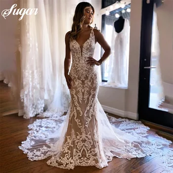 Луксозни дантелени сватбени рокли с апликации за булката, размер на спагети презрамки, сватбената рокля на поръчка сватбена рокля robe de mariée