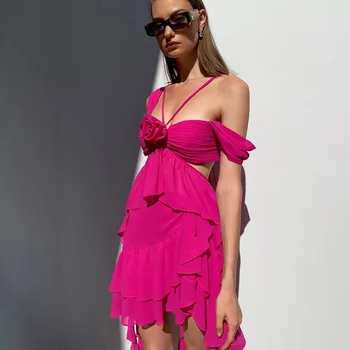 Лятна рокля 2023, дамски модни тиранти, сексуална кух рокля с цветя модел с неправилна форма, с плажна рокля за почивка в клуб, празнична рокля Vestidos