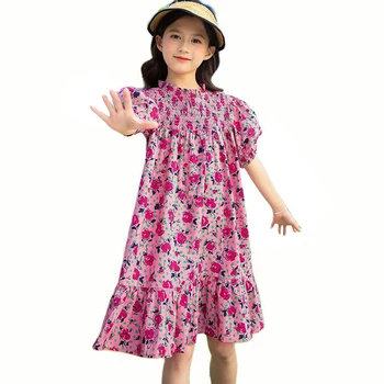Лятна рокля за момичета, розова рокля с цветен модел за деца, летни детски рокли за момичета, ежедневни облекла за момичета