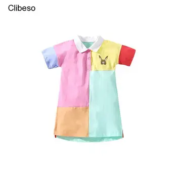 Лятна рокля-риза 2023 за малки момичета, детски риза в стил мозайка с принтом заек, детски цветни корейски рокли-ризи